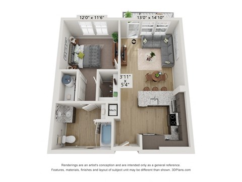 Floor plan image of A3, 1-bedroom ADA compliant apartment
